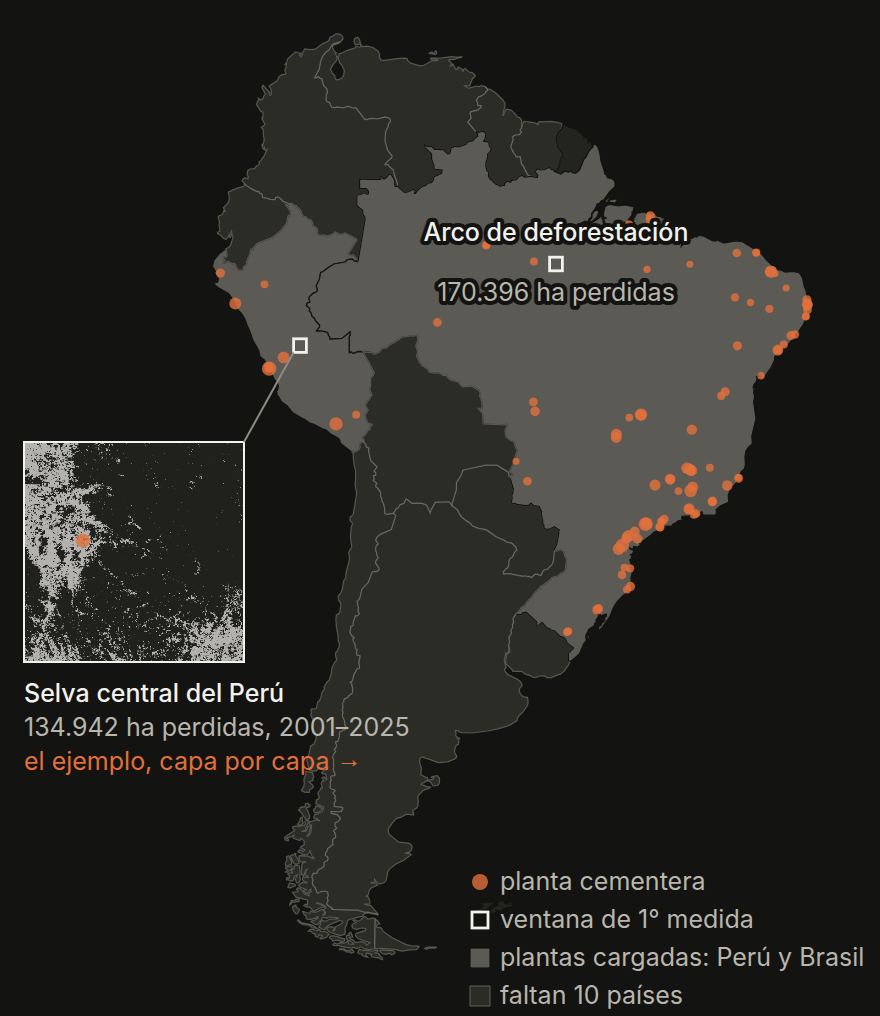 Mapa de Sudamérica con las plantas de cemento de Perú y Brasil y las zonas de pérdida de bosque.
